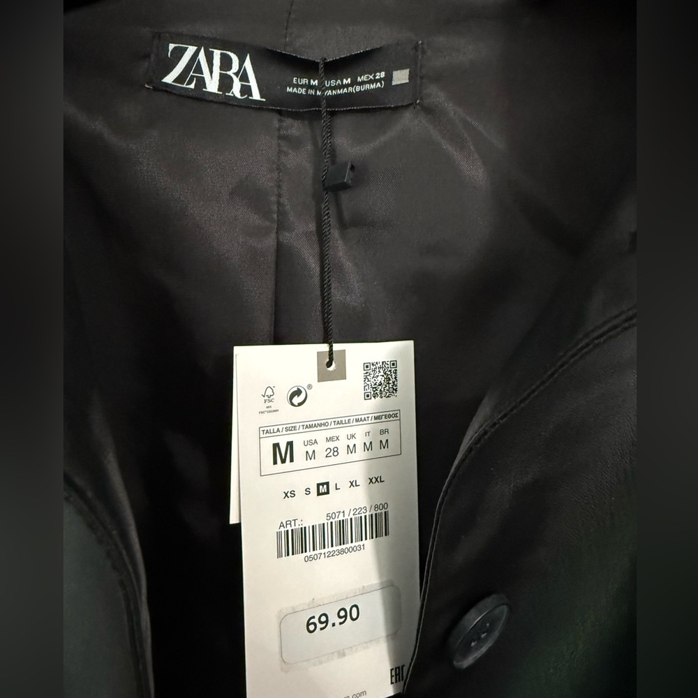 Zara NWT Faux Leather BLack Belted Jacket Size Medium - Picture 7 of 7